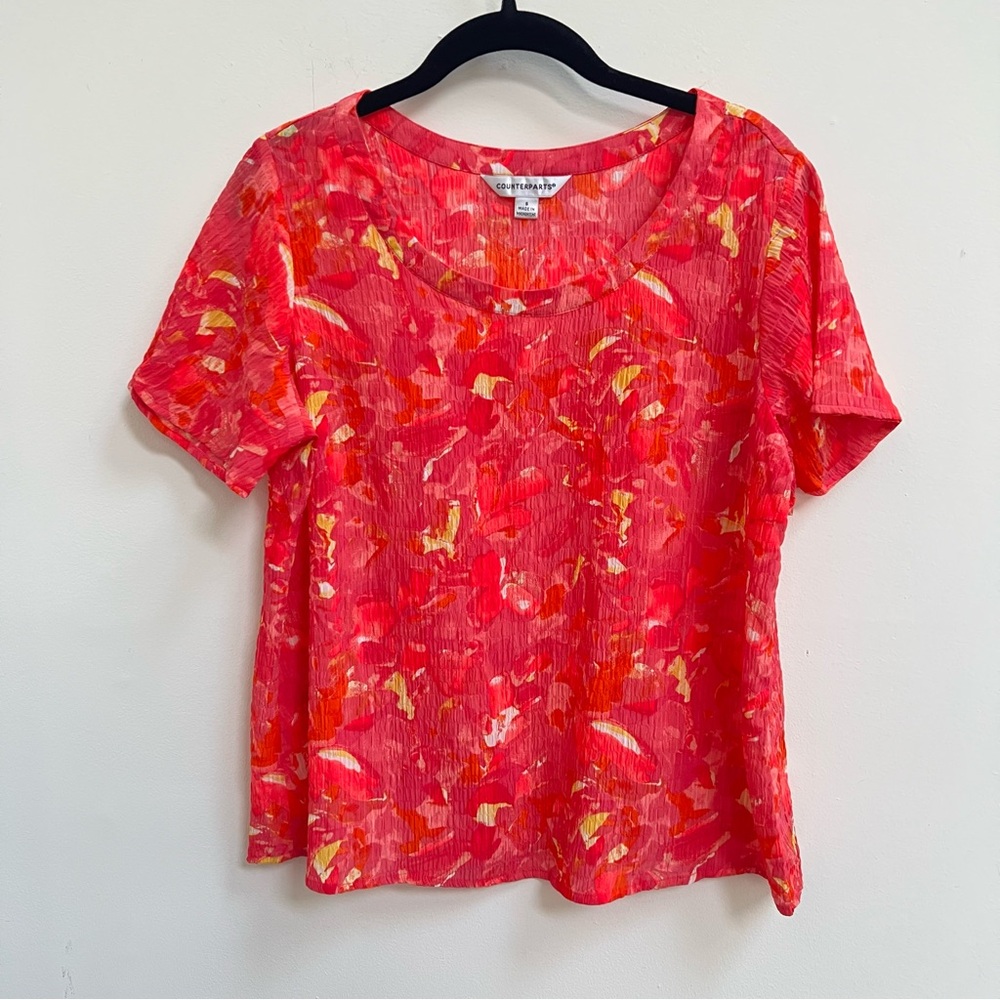 Counterparts coral red floral abstract print textured short sleeve blouse small
